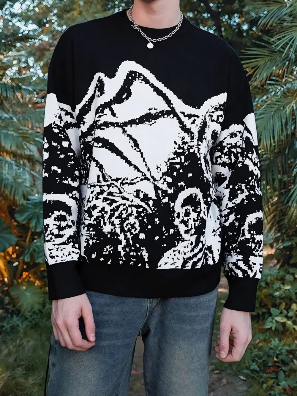 LA!XTON Men's Black/White Spider Graphic Knit Crew Neck Pullover Sweater S